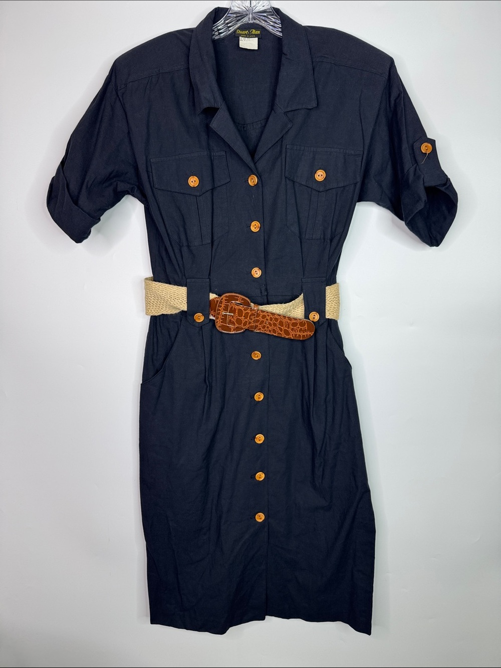 Vintage Stuart Alan Navy Blue Button Front Collared Dress Size 14 80s